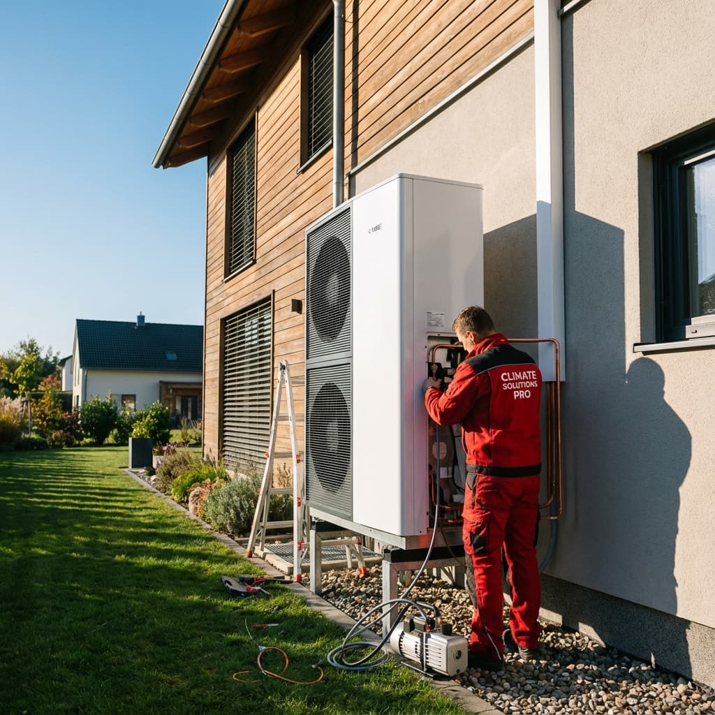 Techniker installiert Wärmepumpe